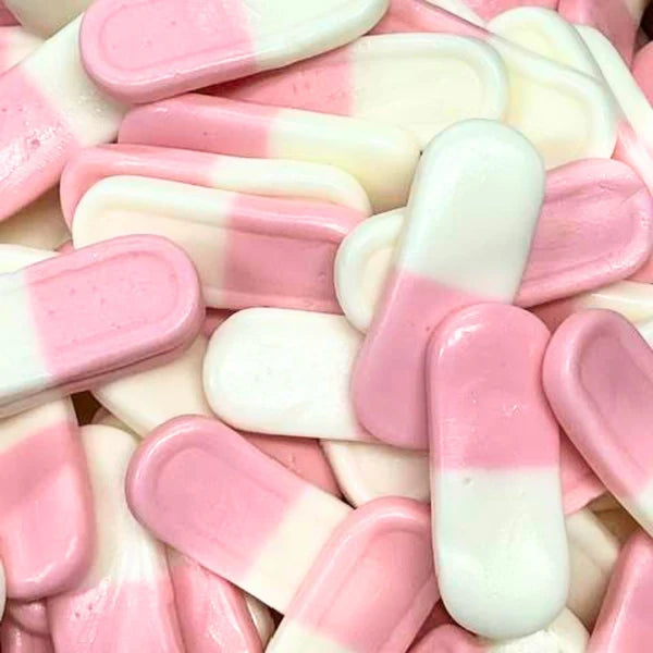 Briquettes Fraise Frisia, petits bonbons lisses roses et blancs