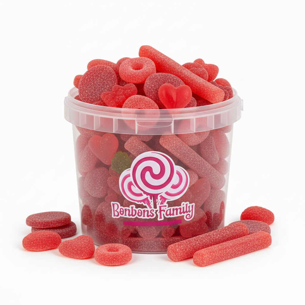 Seau 1kg Bonbons Rouges Fraise en Vrac - Mix Lisses, Gélifiés & Acidulés | Bonbons Family
