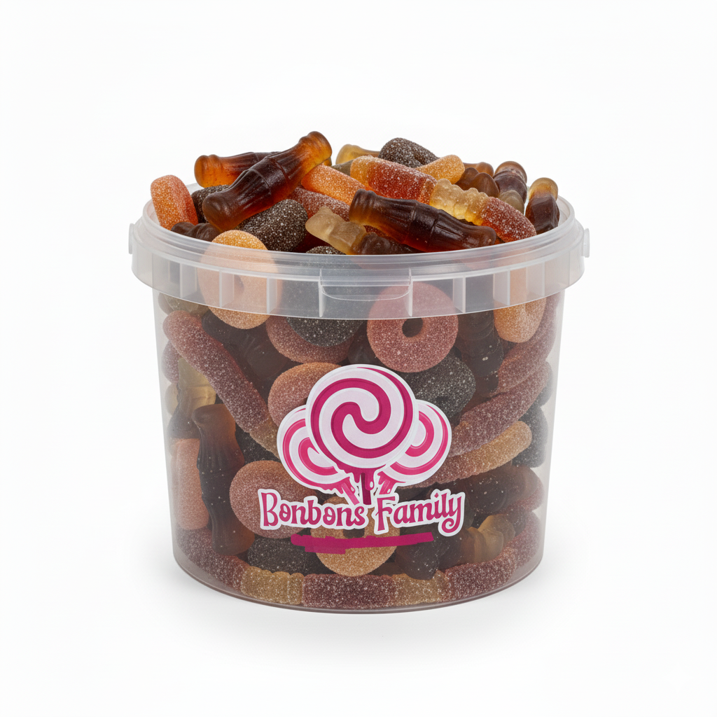 Seau 1kg Bonbons Cola en Vrac - Mix Gourmand Bouteilles & Gummies Saveur Cola | Bonbons Family